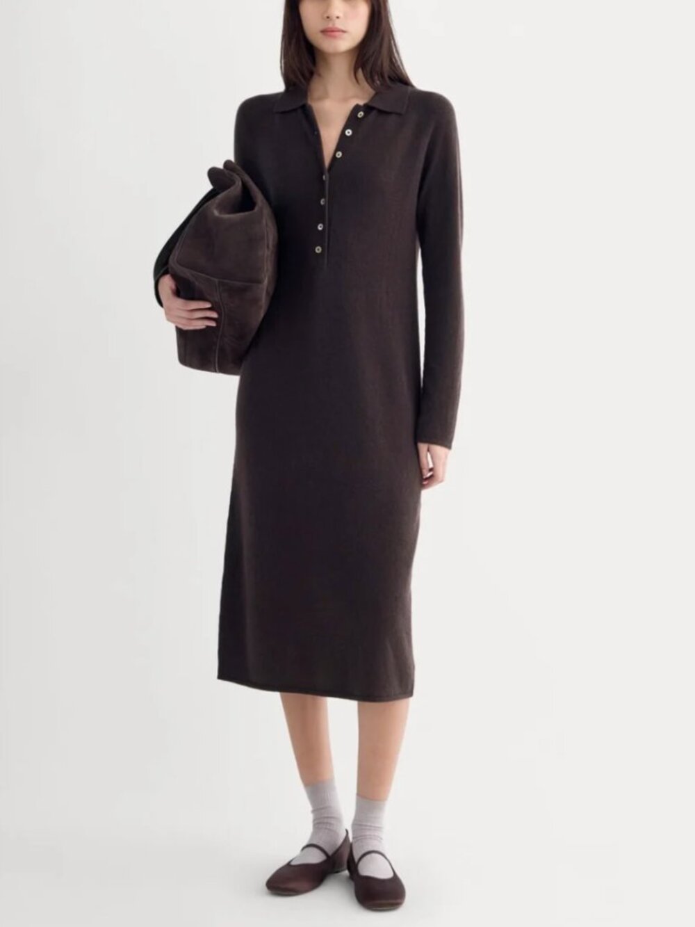 Everlane Cashmere Polo Midi Dress Dark Chocolate XXS NWT